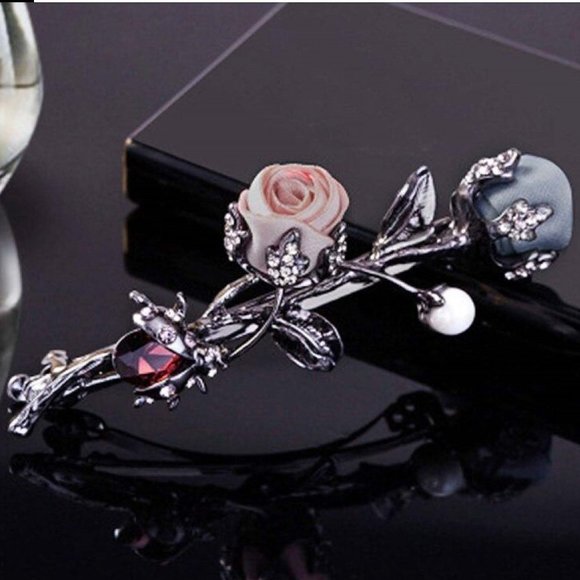 Coral Pink & Cornflower Blue Silk Petite Roses Barrette - Pearl - Garnet Crystal - Picture 2 of 10